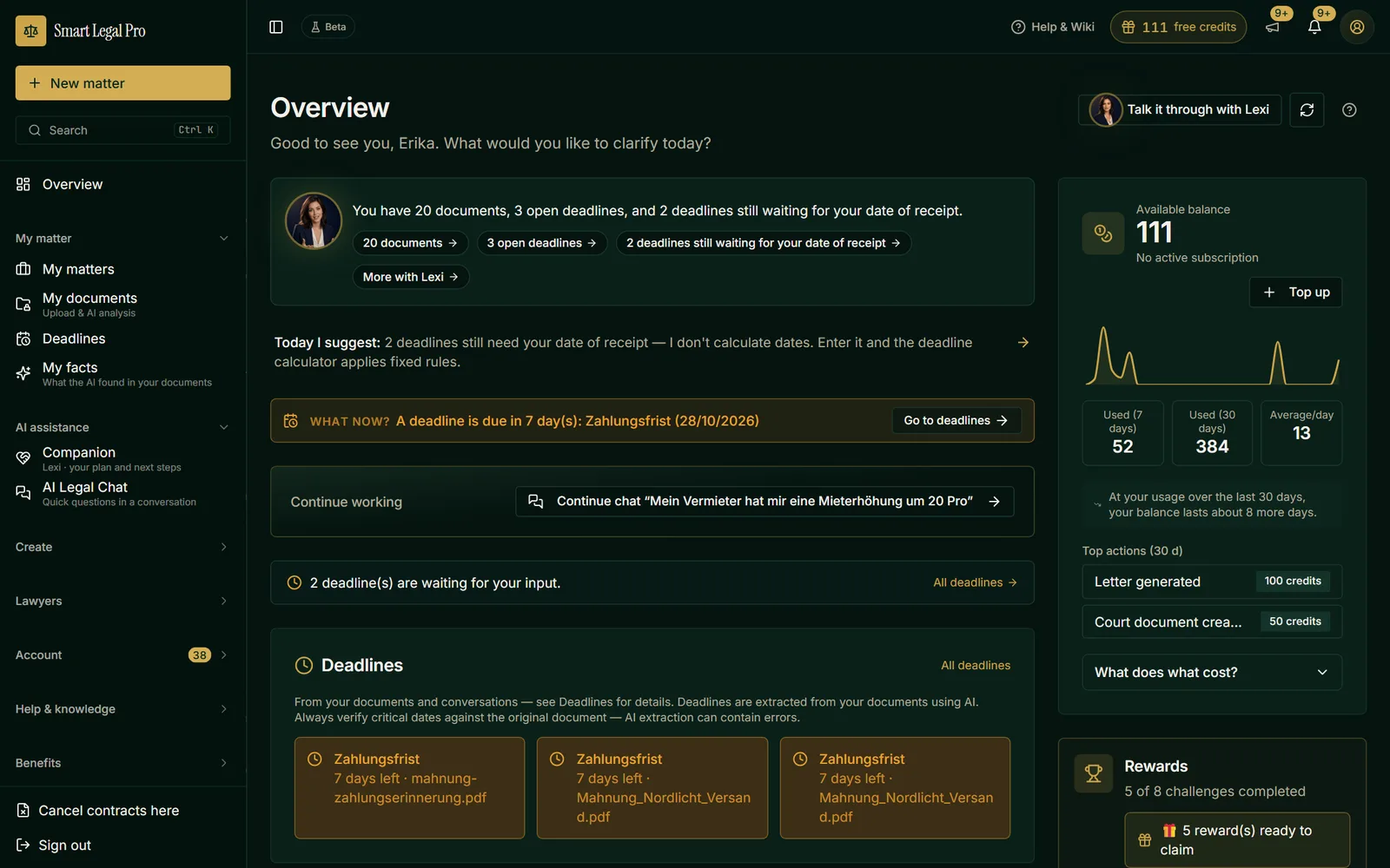 The app overview in dark mode with Lexi, deadline center, credit and next step.
