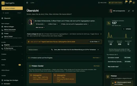 Die App-Übersicht im Dunkelmodus mit Lexi, Fristen-Center, Guthaben und nächstem Schritt.