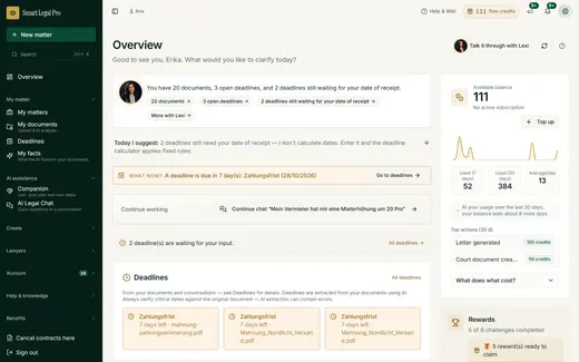 The app’s home page shows open deadlines, documents, credit and the next sensible step.