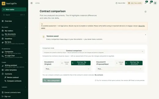 Choose two documents: the AI highlights differences in substance and estimates how your risk changes.