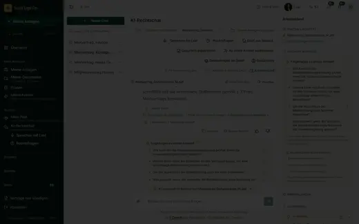 Die Seitenleiste „Arbeitsstand“ zeigt das Dokument im Kontext, Folgefragen, angrenzende Themen und Empfehlungen neben dem Gespräch.