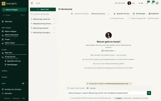 Ein Mietvertrag ist als Kontext gewählt; die Pille über dem Eingabefeld zeigt, worauf die KI antwortet, und die Frage bezieht sich direkt auf die Klauseln.