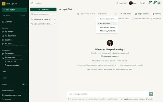 From “My documents” you pick a letter or contract as context; the list is searchable and applies to this conversation.