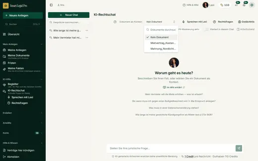 Aus „Meine Dokumente“ wählen Sie ein Schreiben oder einen Vertrag als Kontext; die Auswahl lässt sich durchsuchen und gilt für diese Unterhaltung.