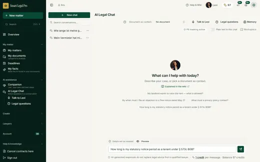In the AI Legal Chat you type a legal question; the price per message and your balance sit right below the input field – nothing is sent until you press Enter or click.