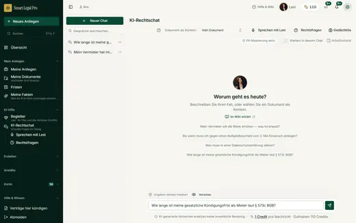 Im KI-Rechtschat tippen Sie eine Rechtsfrage; direkt unter dem Eingabefeld stehen Preis pro Nachricht und Guthaben – gesendet wird erst mit Enter oder Klick.