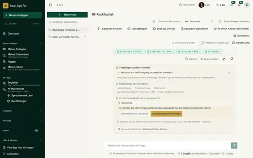 Unter der Antwort zeigt der Chat, dass die zitierten Normen in der Rechtsbibliothek wiedergefunden wurden, dazu Folgefragen und passende Werkzeuge.