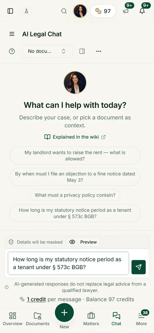 On the smartphone the chat stays single-column: example questions, input field and the cost line with balance – easy to use with your thumb.