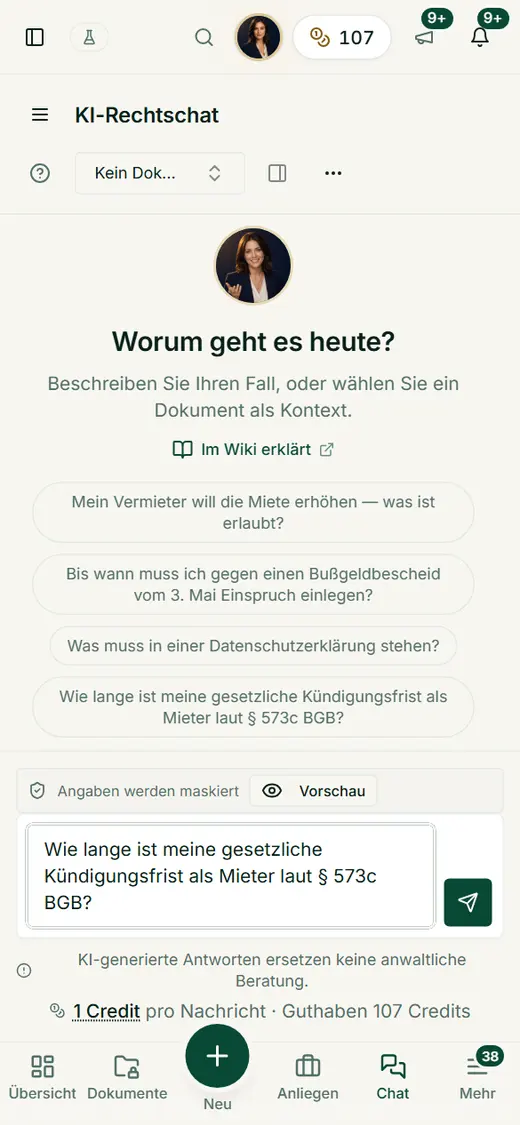 Auf dem Smartphone bleibt der Chat einspaltig: Beispielfragen, Eingabefeld und die Kostenzeile mit Guthaben – bequem mit dem Daumen bedienbar.