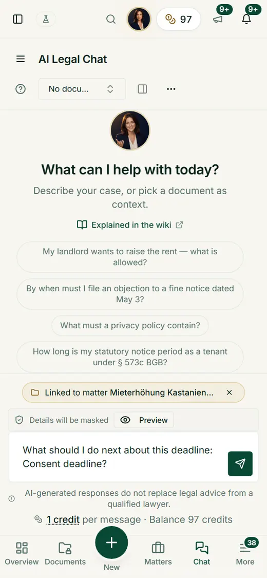 On mobile, too, the prepared question arrives in the chat together with the linked matter; you read, add to it and send it yourself.