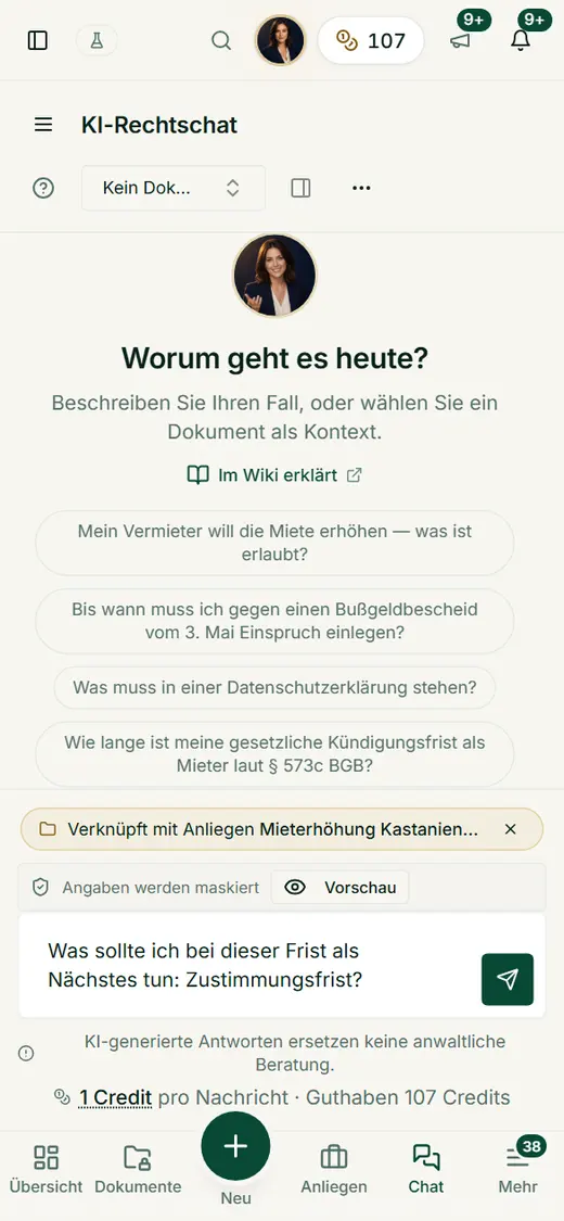 Auch mobil kommt die vorbereitete Frage samt verknüpftem Anliegen im Chat an; Sie lesen, ergänzen und senden selbst.