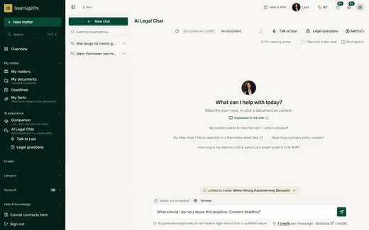 “What to do?” on a deadline entry opens the chat with a first-person question and names the linked matter – nothing is sent until you want it.