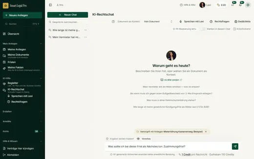 „Was tun?“ am Fristen-Eintrag öffnet den Chat mit einer vorformulierten Frage in Ich-Form und nennt das verknüpfte Anliegen – gesendet wird erst, wenn Sie es wollen.