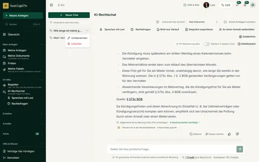 Links stehen alle bisherigen Unterhaltungen mit Suchfeld; das Menü einer Zeile bietet Umbenennen und Löschen.
