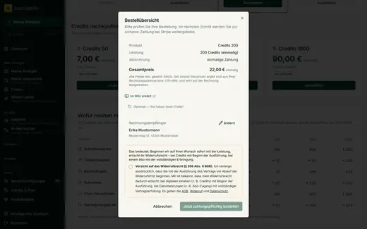 Bevor etwas gekauft wird, zeigt die App eine verbindliche Übersicht mit Produkt, Leistung, Gesamtpreis und Rechnungsempfänger. Der Verzicht auf das Widerrufsrecht ist eine eigene Bestätigung, ohne die der Knopf zur Bestellung gesperrt bleibt. (Nur Ansicht, es wird nichts bestellt.)