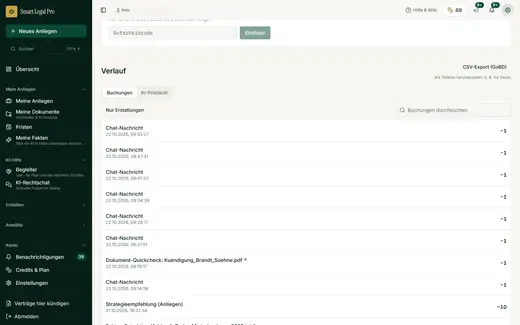 Alle Abbuchungen mit Datum, Anlass und Dokument in einer Liste, durchsuchbar und mit Filter für Erstattungen. Dazu ein CSV-Export für die Buchhaltung und ein eigenes Protokoll der KI-Aktionen.