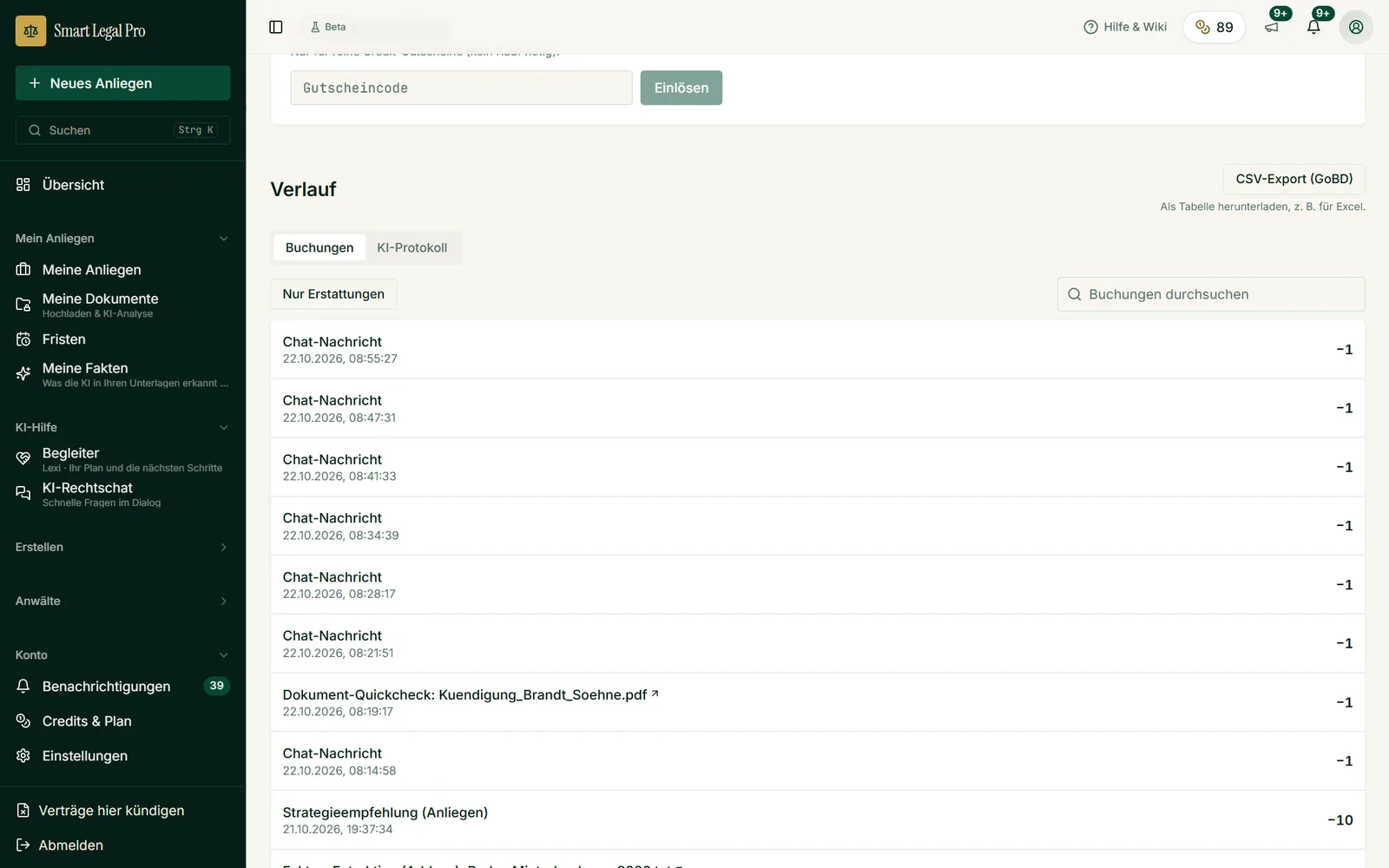 Alle Abbuchungen mit Datum, Anlass und Dokument in einer Liste, durchsuchbar und mit Filter für Erstattungen. Dazu ein CSV-Export für die Buchhaltung und ein eigenes Protokoll der KI-Aktionen.