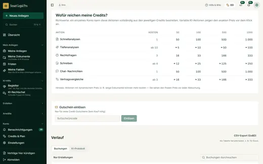 Die Übersicht nennt, was Schnellanalyse, Tiefenanalyse, Rechtsfrage, Schreiben, Chat und Vertragsvergleich in Credits kosten und wie oft sich die Aktionen mit einem Guthaben bezahlen lassen. Variable KI-Aktionen zeigen den genauen Preis immer vor dem Klick.