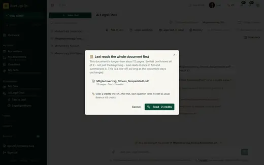 For a long document, Lexi shows the page count, the one-off price and your balance before reading – nothing is charged until you confirm.