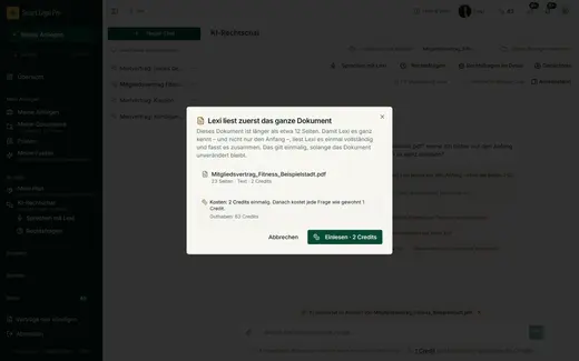 Bei einem langen Dokument zeigt Lexi vor dem Einlesen Seitenzahl, einmaligen Preis und Guthaben – gebucht wird erst nach Ihrer Bestätigung.