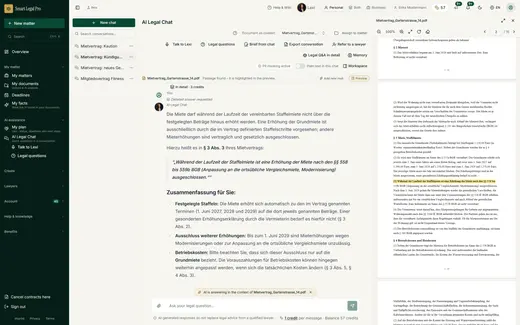 The answer quotes the clause from your tenancy agreement word for word; on the right the document jumps to the passage and highlights it.