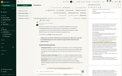 Die Antwort zitiert die Klausel aus Ihrem Mietvertrag im Wortlaut; rechts springt das Dokument zur Fundstelle und markiert sie.