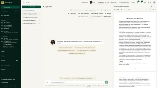 After reading, Lexi greets you with the file name and suggests questions that fit the contract; a click only writes one into the input field.