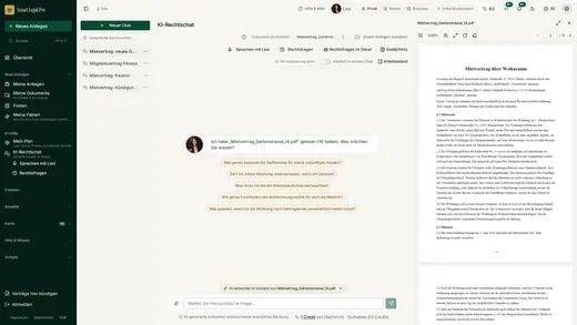 Nach dem Einlesen begrüßt Lexi Sie mit dem Dateinamen und schlägt Fragen vor, die zum Vertrag passen; ein Klick schreibt sie nur ins Eingabefeld.