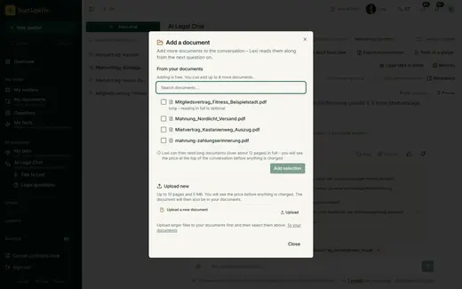 With the paperclip you add more documents – free from your documents or newly uploaded; Lexi reads them along from the next question.