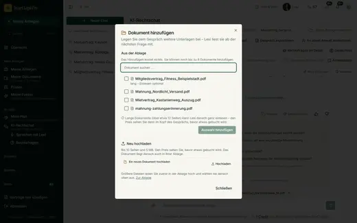 Mit der Büroklammer legen Sie weitere Dokumente bei – aus Ihrer Ablage kostenlos oder neu hochgeladen; Lexi liest sie ab der nächsten Frage mit.
