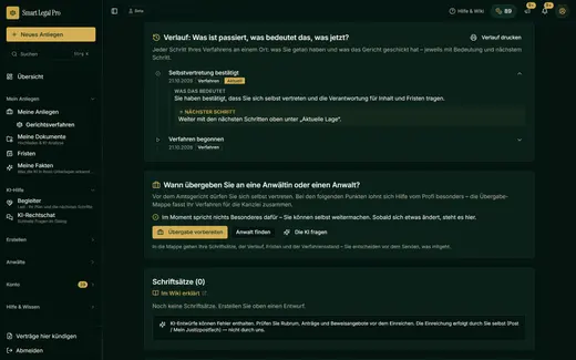 Auch die Verfahrensakte kennt den Dunkelmodus: Verlauf, Bedeutung und Übergabe-Frage bleiben kontrastreich lesbar, ruhig für lange Lesesitzungen am Abend.