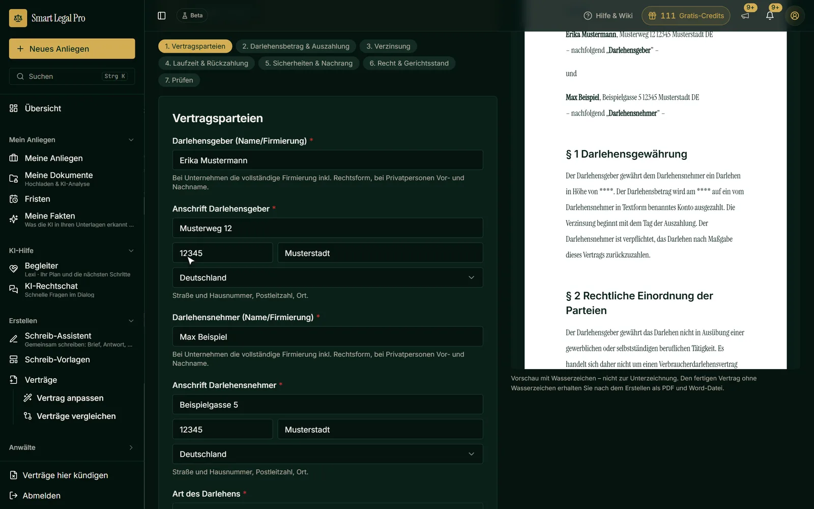 Auch der Vertrags-Assistent kennt den Dunkelmodus: ruhig für Abendstunden, die Vorschau des Vertrags bleibt als helles Blatt gut lesbar.