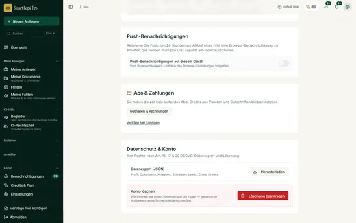 Ihre Rechte nach Art. 15, 17 und 20 DSGVO als Knöpfe: alle Daten als Datei herunterladen oder die Löschung des Kontos beantragen, mit Bestätigung vor dem Absenden. Gesetzliche Aufbewahrungspflichten bleiben unberührt.