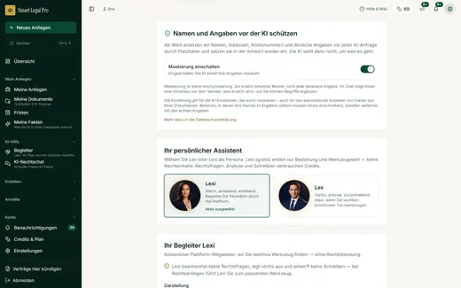 By default the app replaces names, addresses and account numbers with placeholders before every AI request and puts them back in the answer. In the settings you see the status and can change the masking deliberately.