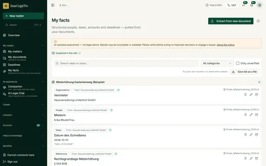 Everything the AI has detected in your documents in one place: searchable, filterable by category and with evidence. Save as a list when you pass it to a lawyer.