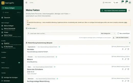Alles, was die KI in Ihren Unterlagen erkannt hat, an einem Ort: durchsuchbar, nach Kategorie filterbar und mit Beleg. Als Liste sichern, wenn Sie sie an eine Anwältin oder einen Anwalt weitergeben.