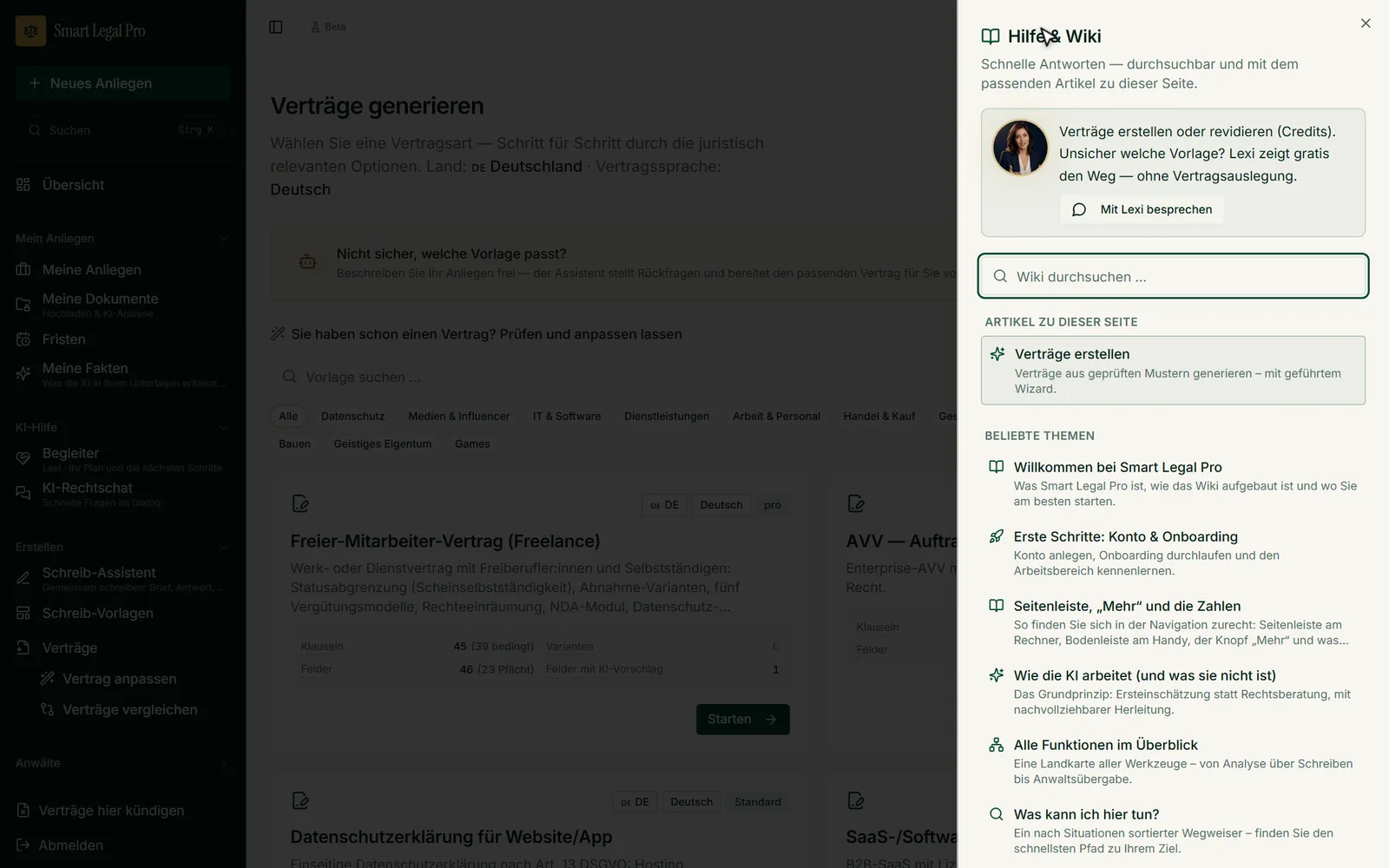 Das Hilfe-Panel öffnet sich auf jeder Seite von rechts: Wiki durchsuchen, passende Artikel zur Seite finden oder Lexi direkt fragen. Tastenkürzel Shift und Fragezeichen.