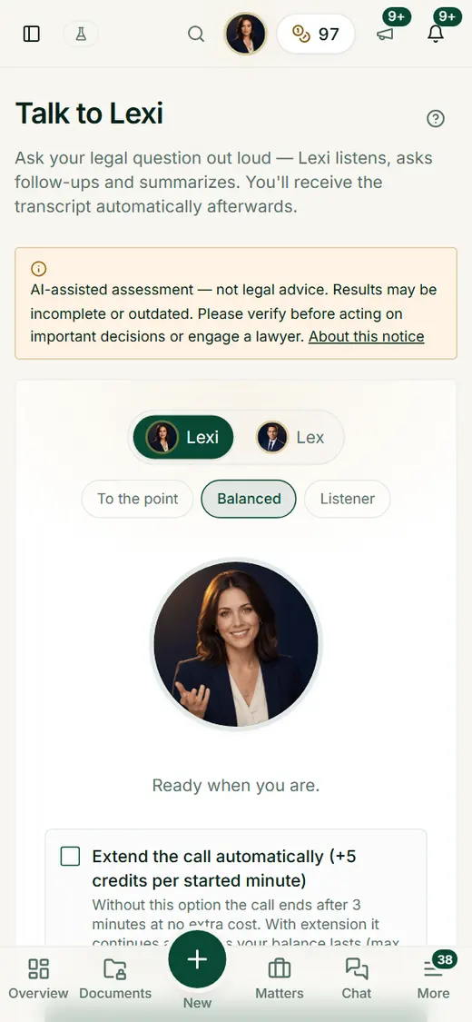 The voice interface: choose voice and conversation style, test the microphone free of charge, see price and maximum duration beforehand – it starts only with the button.