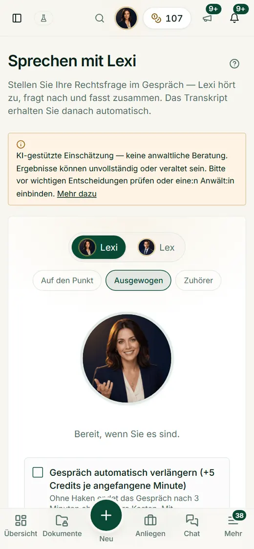 Die Sprachoberfläche: Stimme und Gesprächsstil wählen, Mikrofon kostenlos testen, vorab Preis und Höchstdauer sehen – gestartet wird erst mit dem Knopf.