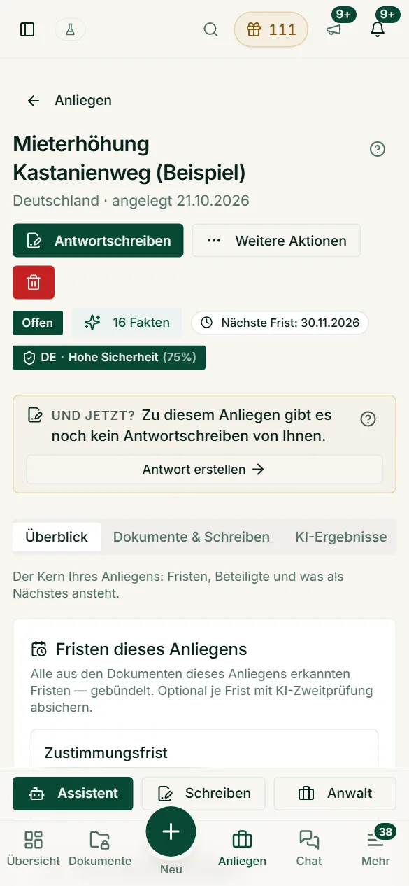 Ein Anliegen auf dem Smartphone: Titel, nächste Frist, Sicherheit der Länderzuordnung und der vorgeschlagene nächste Schritt.
