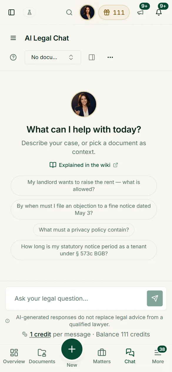 Ask legal questions on the go: sample questions, input field and price per message on small screens as well.