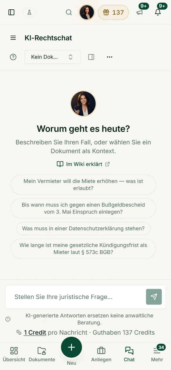 Rechtsfragen unterwegs stellen: Beispielfragen, Eingabefeld und Preis pro Nachricht auch auf kleinen Bildschirmen.