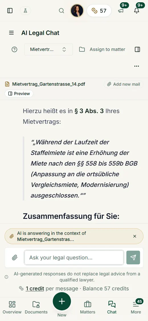 On a smartphone a header shows the document of the conversation; “Preview” and “Add new mail” are one tap away, and the answer quotes the clause.