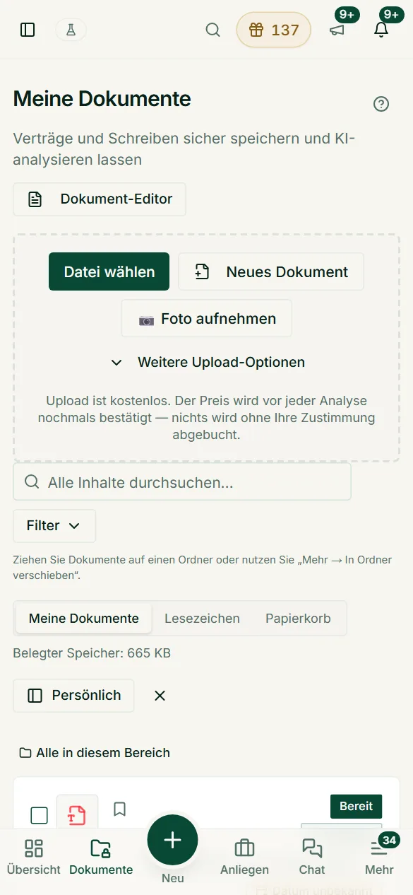 Auf dem Smartphone Schreiben direkt abfotografieren oder hochladen und Status sowie erkannte Fristen sehen.