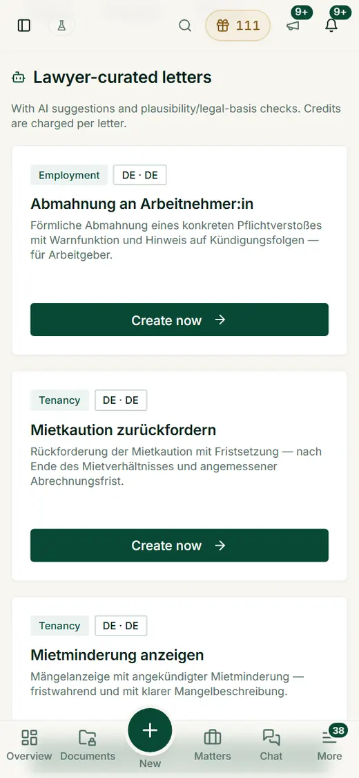 The letter catalog on the smartphone: topic filters and template cards with a cost note, so an objection or termination is created on the go.