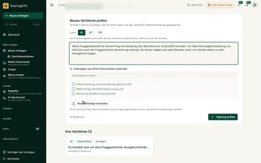 Vor einem Gerichtsverfahren steht eine kostenlose Eignungsprüfung: Land wählen, Streit schildern, optional Unterlagen auswählen.