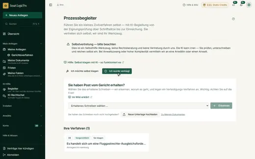 Der zweite Einstieg des Prozessbegleiters für Beklagte: Gerichtspost auswählen, die KI erkennt, worum es geht.