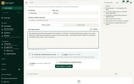 The structured legal question asks for jurisdiction, topic and facts; the price, the primary-sources option and the character count are shown beforehand.