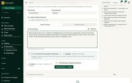 Die strukturierte Rechtsfrage fragt Rechtsraum, Themenbereich und Sachverhalt ab; vorab stehen Preis, Option Primärquellen und Zeichenzahl.