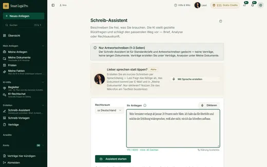 Der Schreib-Assistent nimmt ein frei beschriebenes Anliegen entgegen und klärt zuerst kostenlos, welcher Weg passt.